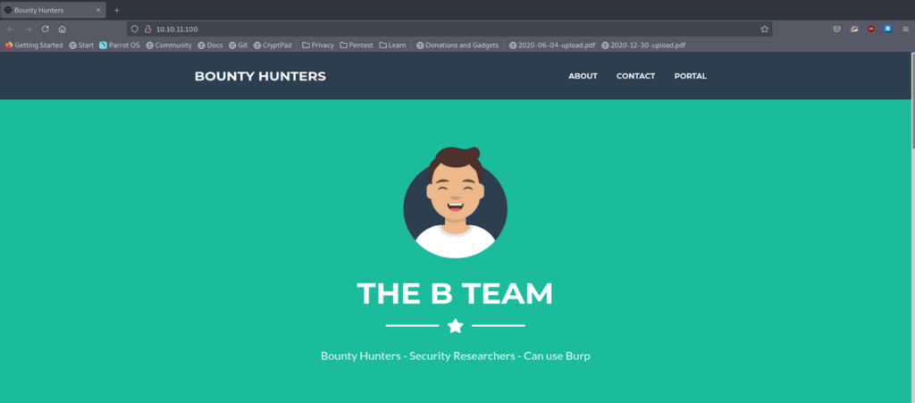 Web page of HTB Bounty Hunter Machine